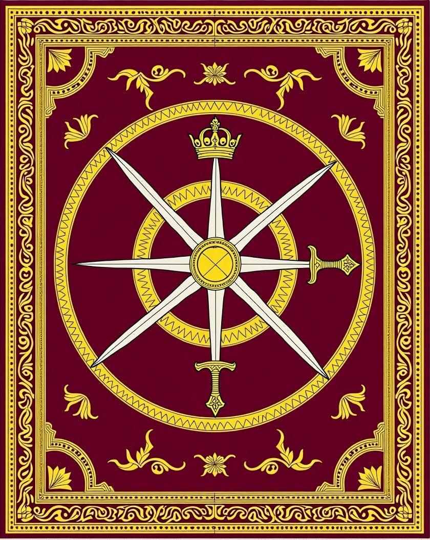 Crimson Gold Sword Compass Emblem Rug