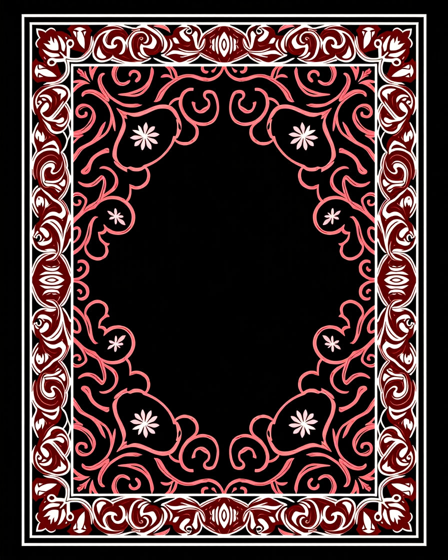 Ornate Coral Swirl Floral Border Rug