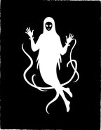 White Ghost Swirling Black Background Rug
