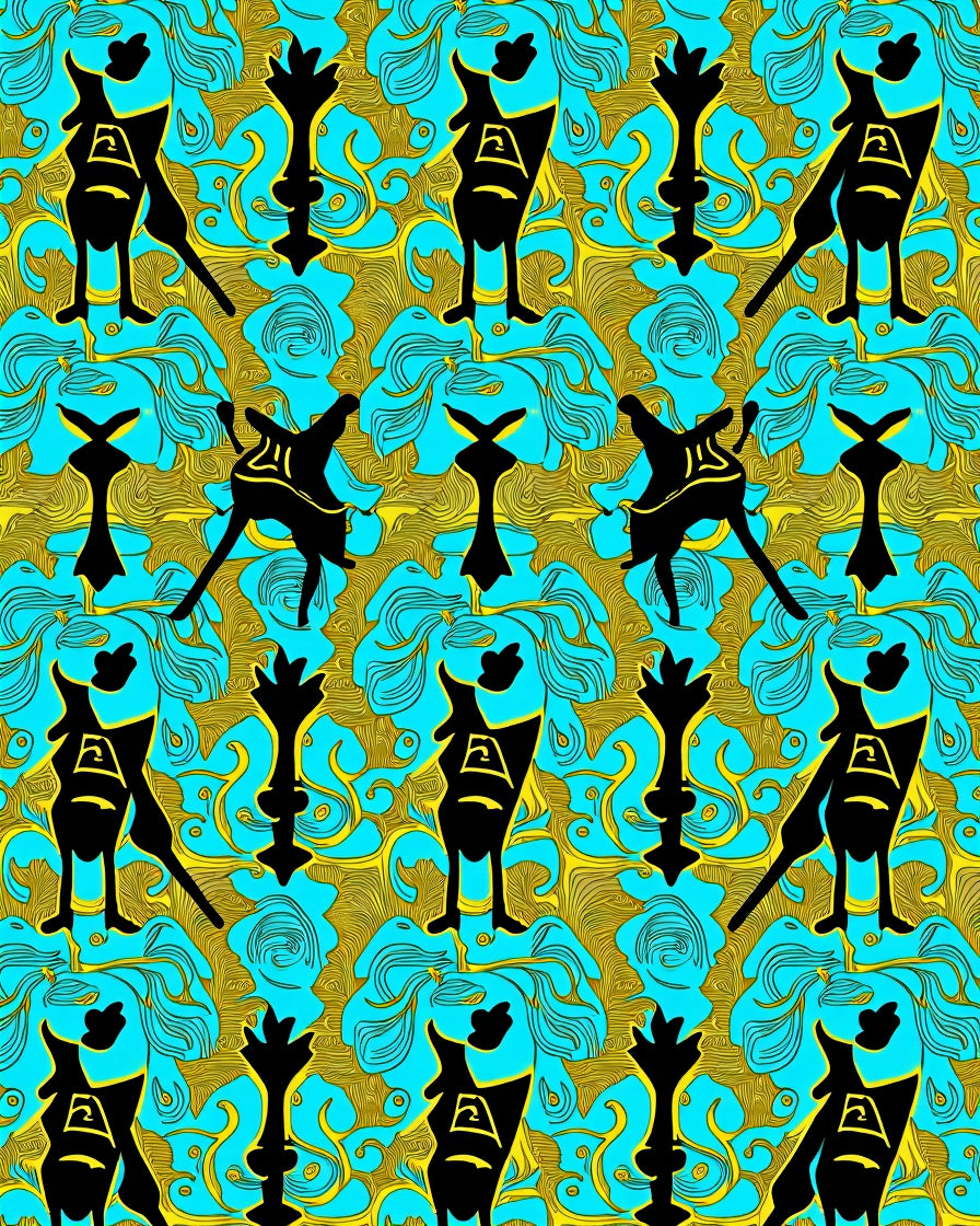 Black Folk Art Turquoise Golden Swirl Rug