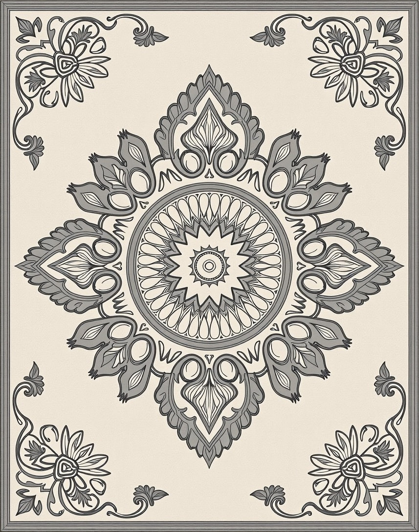 Ornate Grey Floral Mandala Border Rug