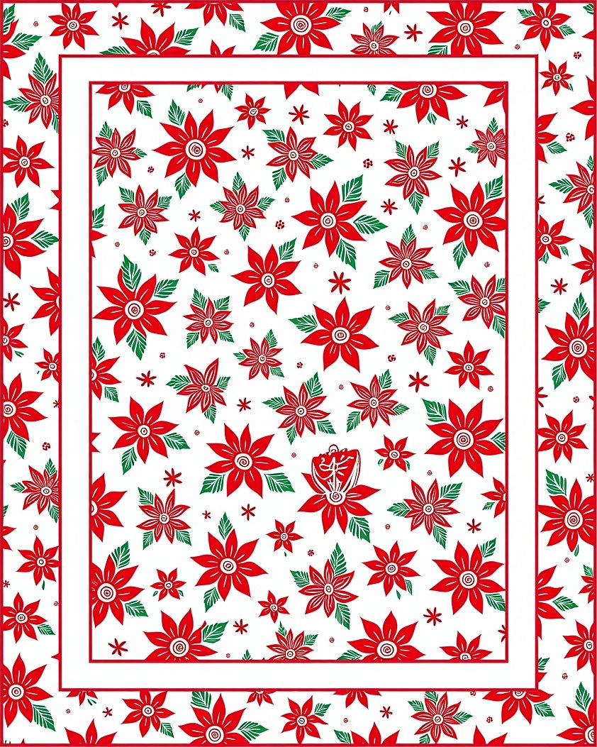 Festive Red Poinsettia Floral Border Rug