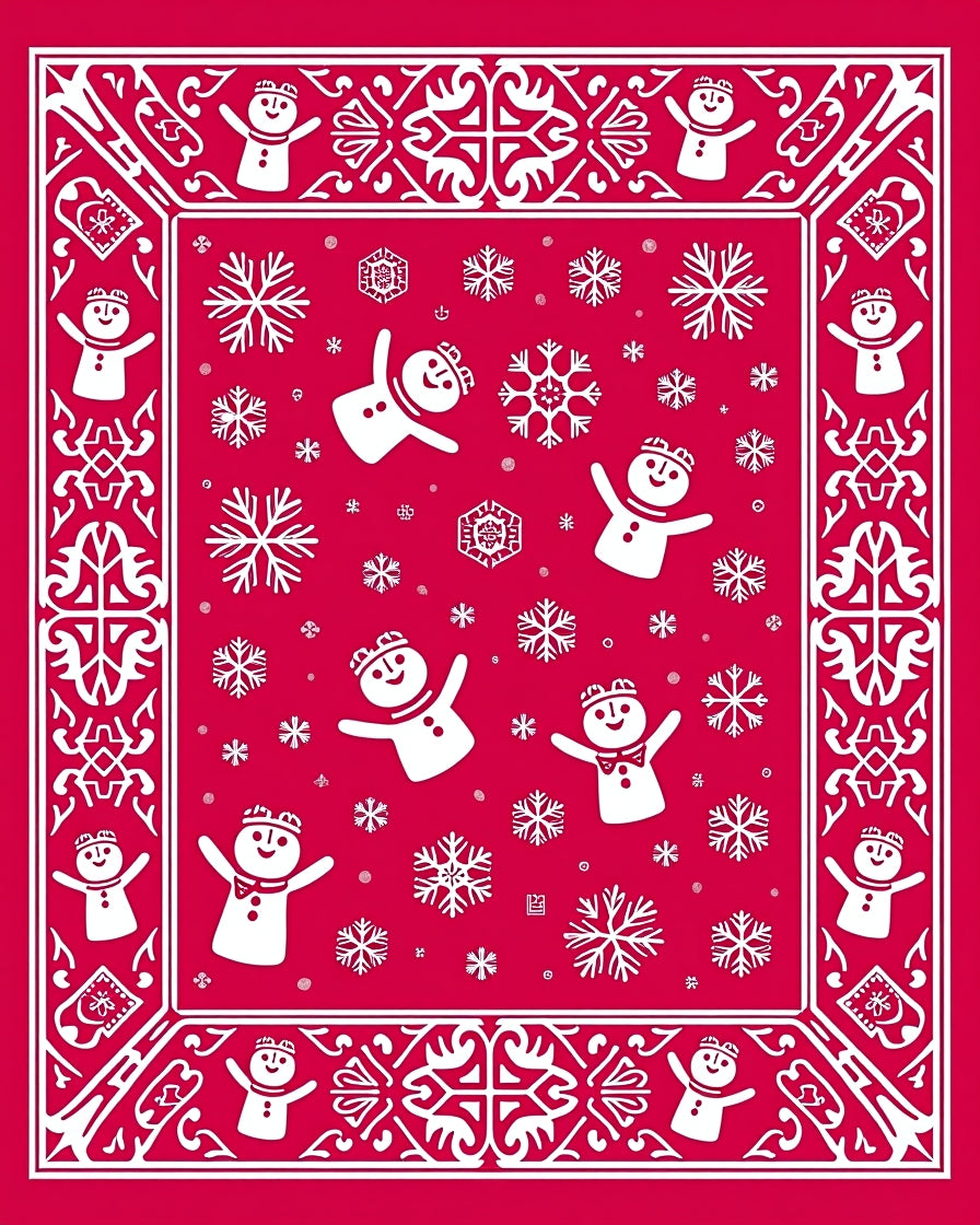 Crimson Snowman Snowflake Border Rug