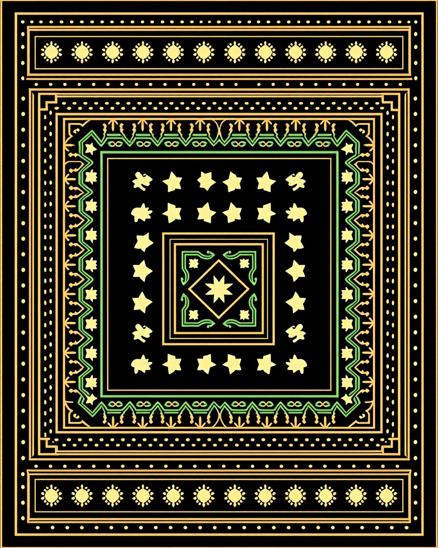 Golden Yellow Green Stars Square Rug