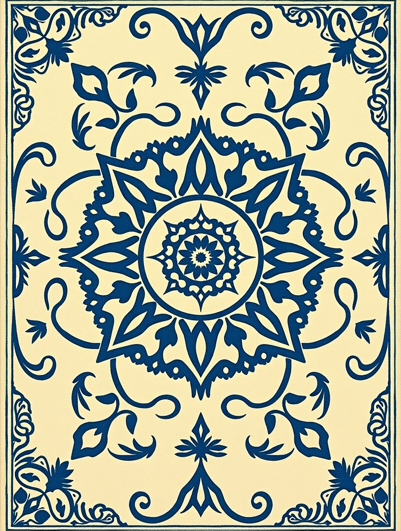 Navy Blue Cream Medallion Scroll Rug