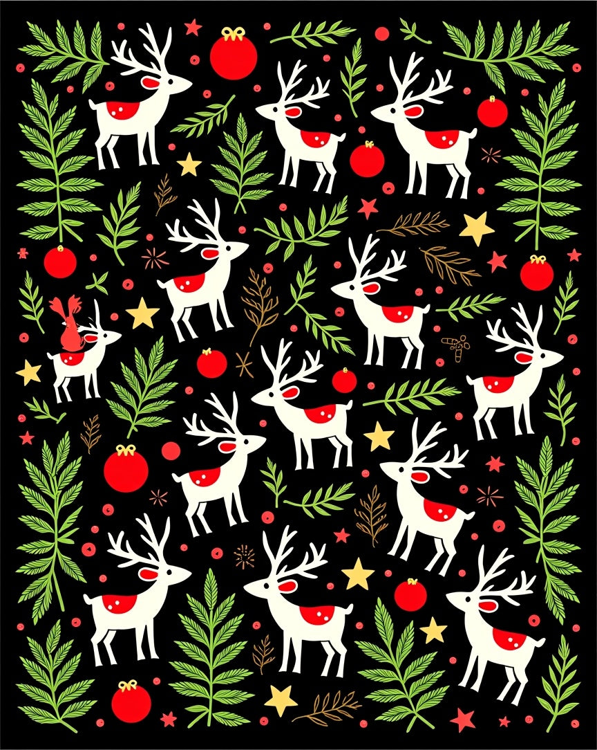 Festive White Reindeer Red Ornaments Holly Rug