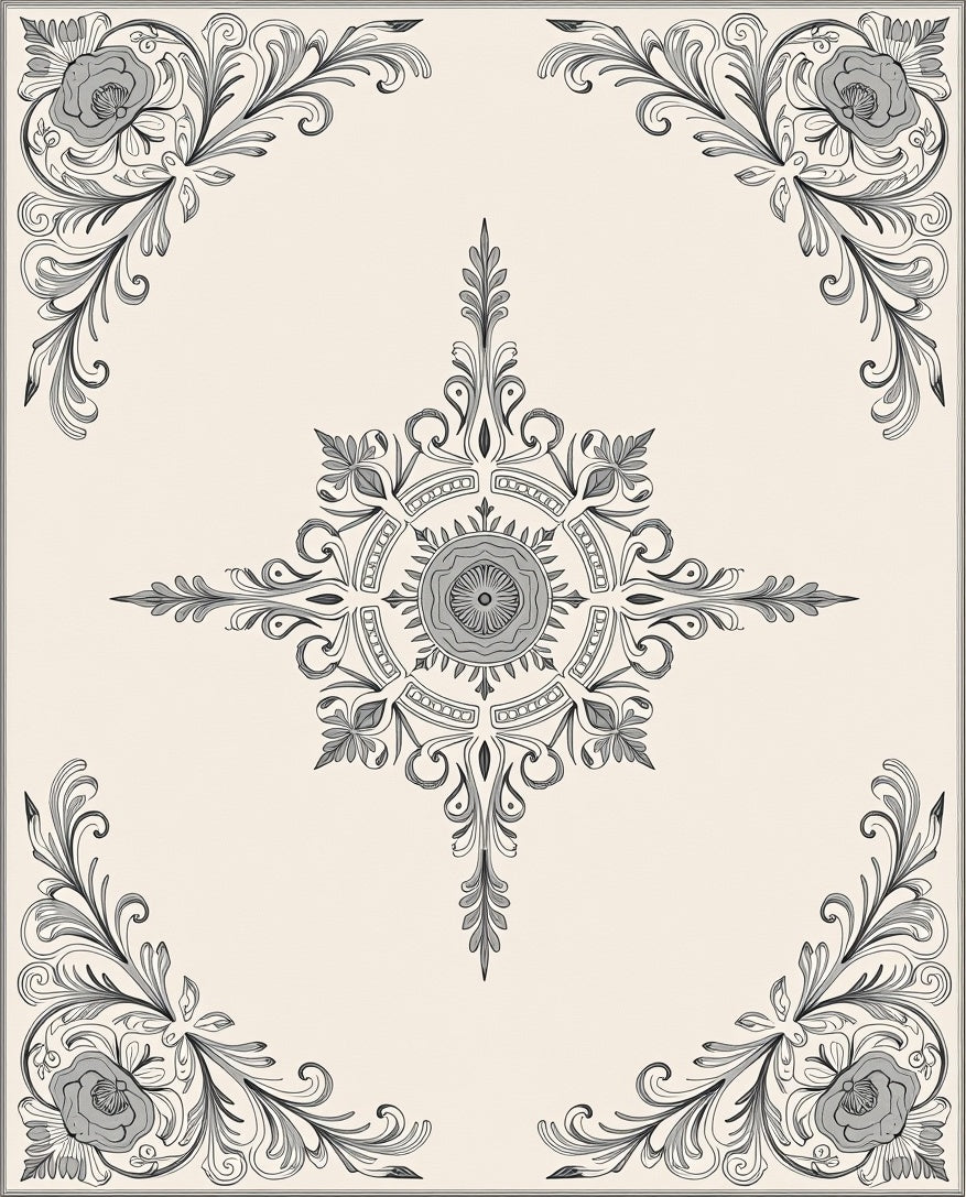 Elegant Gray Floral Medallion Scrollwork Rug