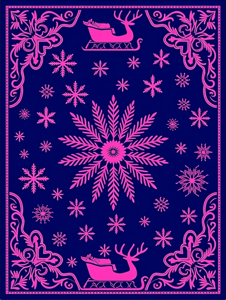 Hot Pink Snowflake Reindeer Sleigh Navy Rug