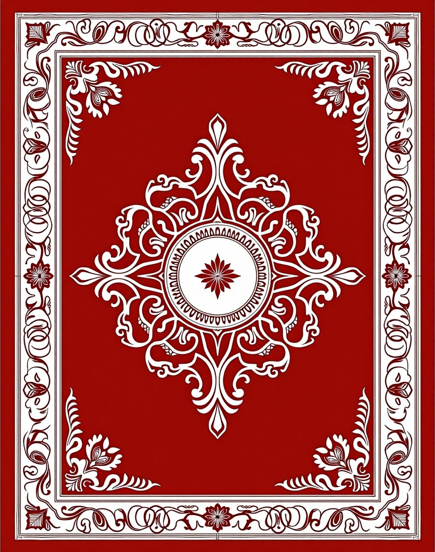 Ornate Crimson Scrollwork Floral Rug