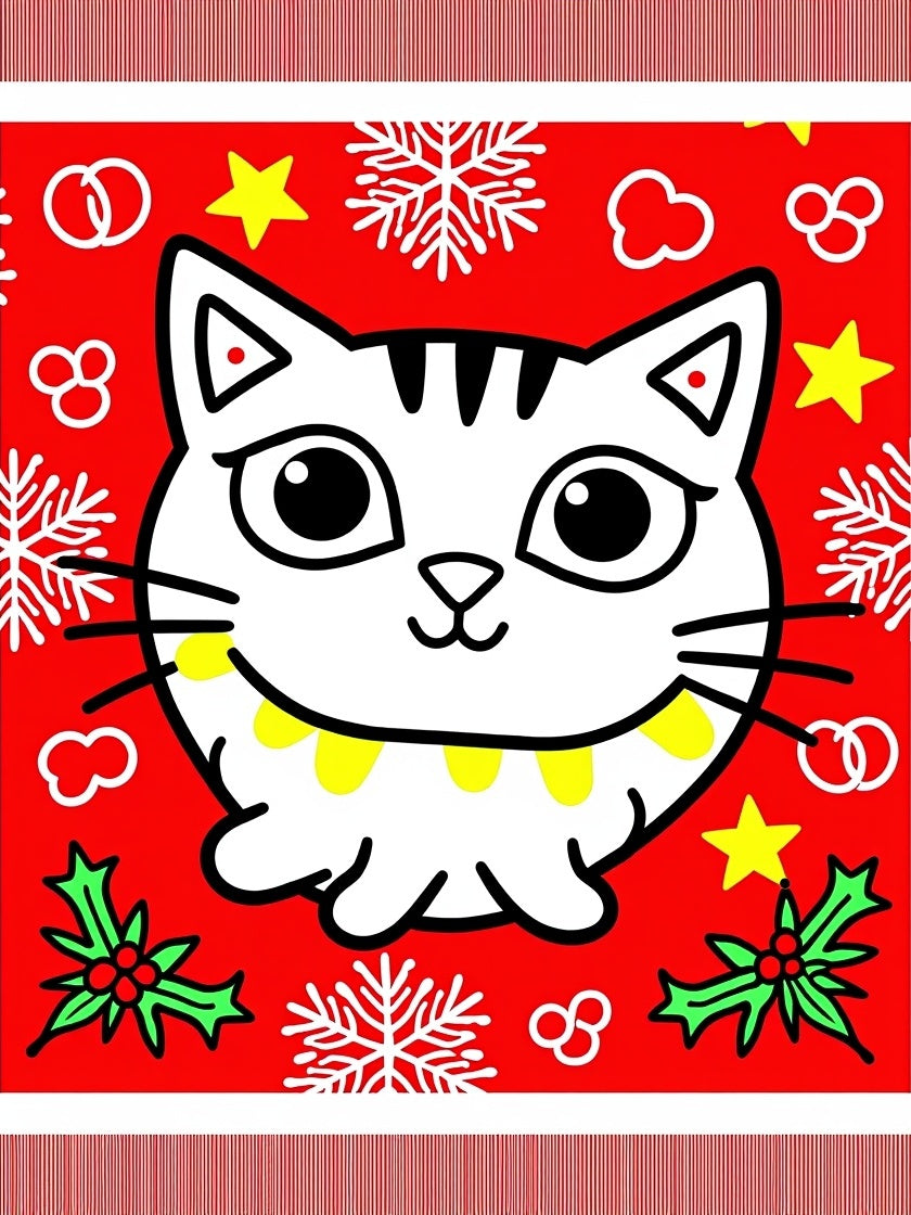 Cute White Christmas Cat Holly Snowflakes Rug