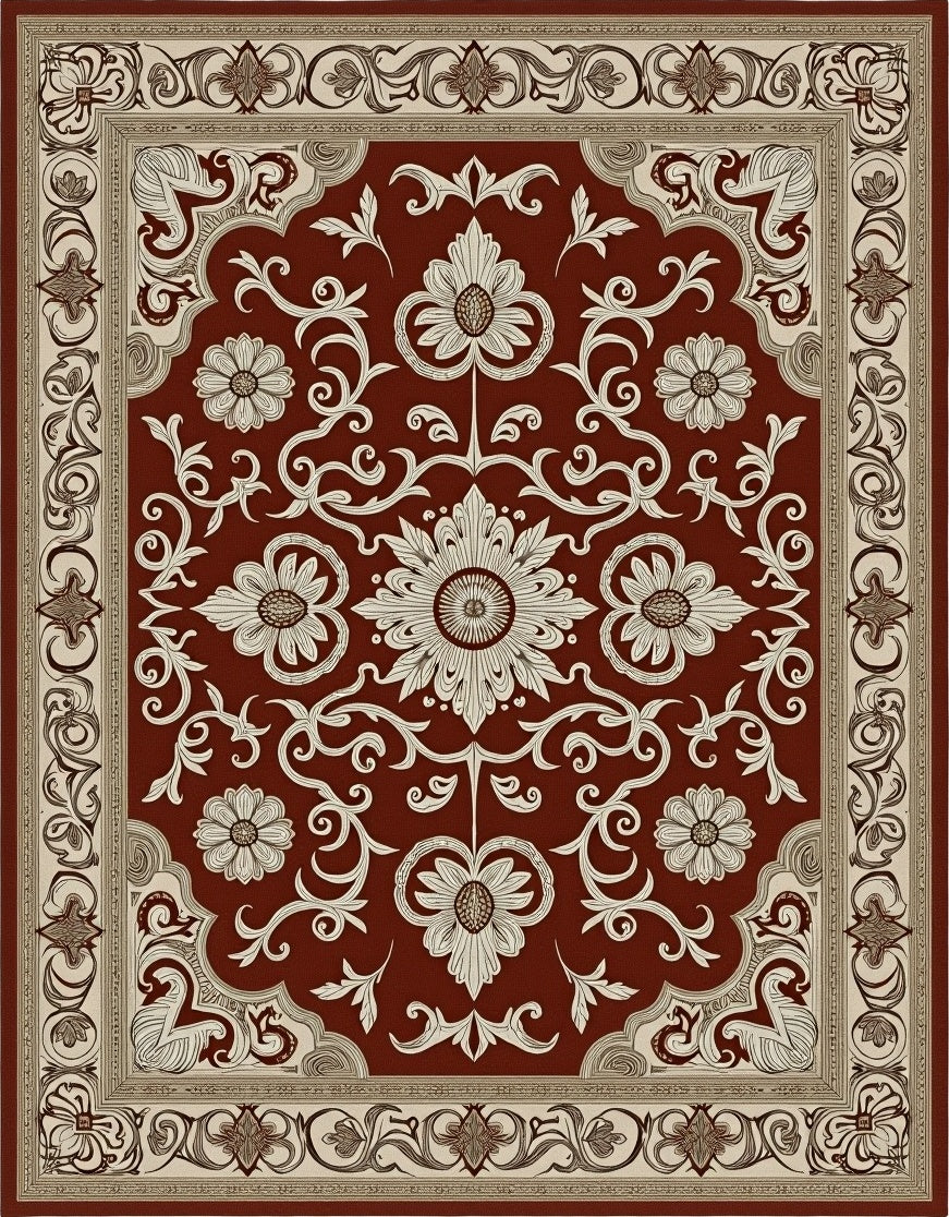Crimson Floral Scroll Bordered Rug