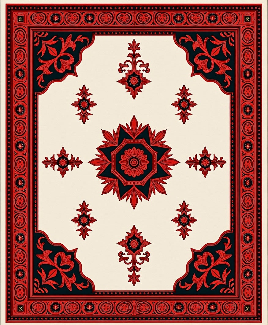 Ornate Crimson Blossom Central Field Rug