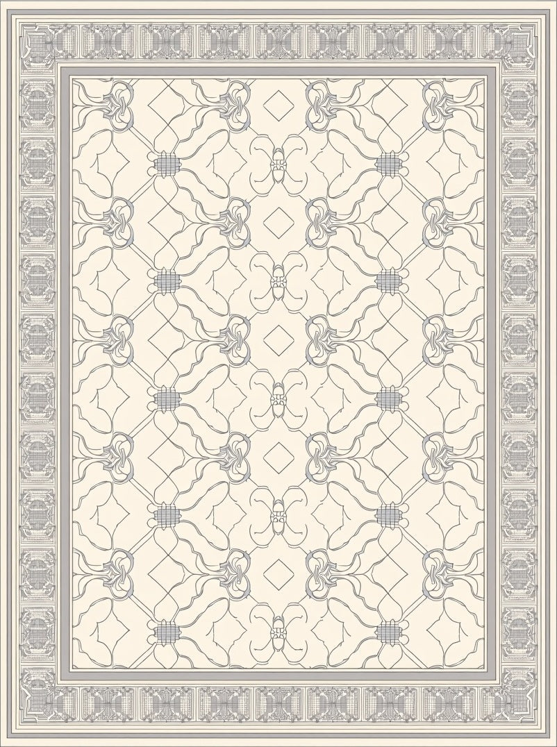 Subtle Gray Filigree Medallion Border Rug