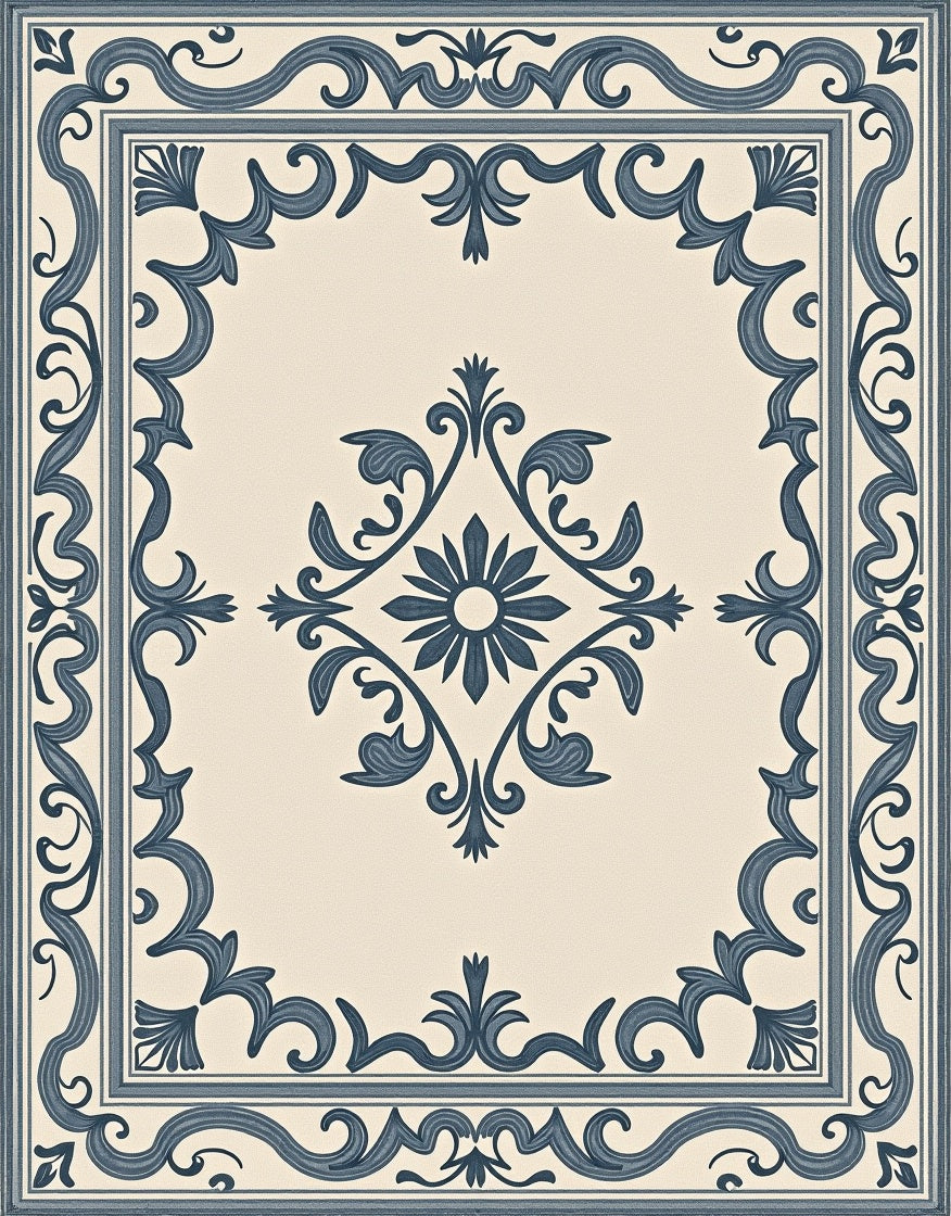Cream Navy Scroll Medallion Rug