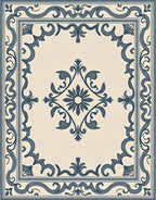 Cream Navy Scroll Medallion Rug