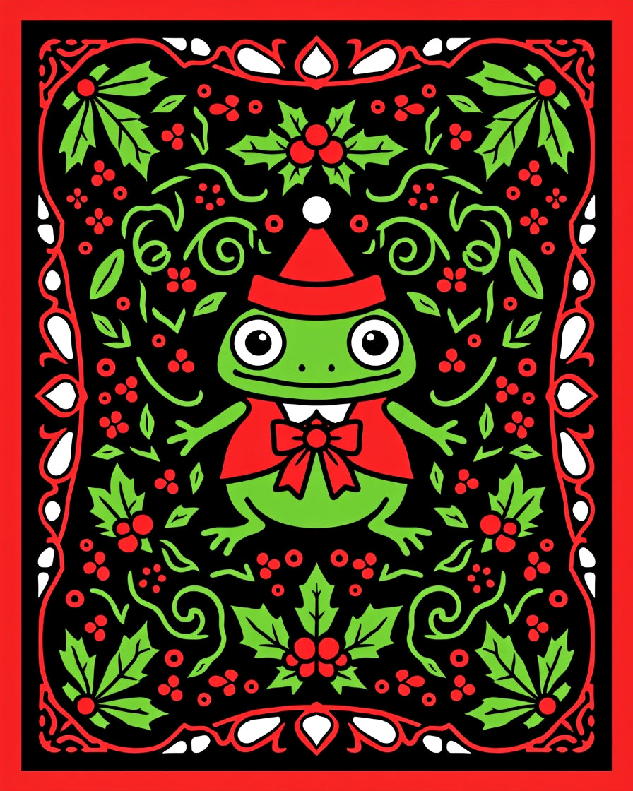 Festive Frog Holly Red Border Rug