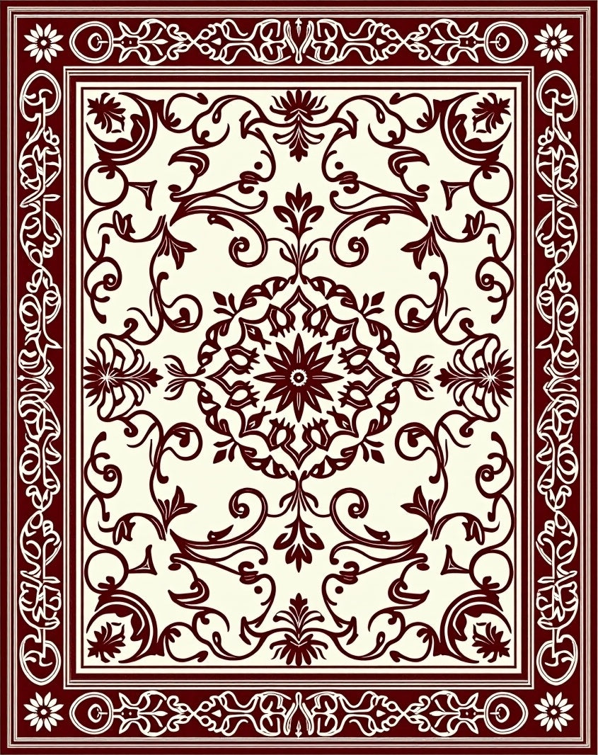 Ornate Crimson Vine Scrollwork Medallion Rug