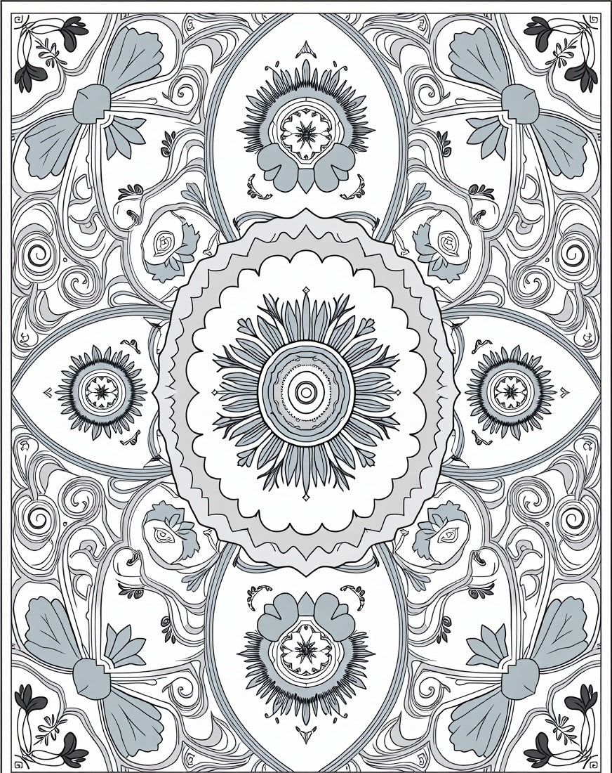 Ornate Slate Gray Floral Mandala Rug