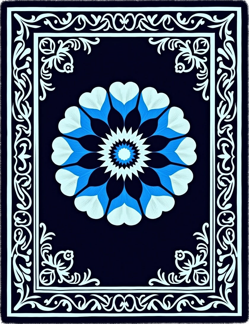 Navy Blue Bloom Medallion Border Rug