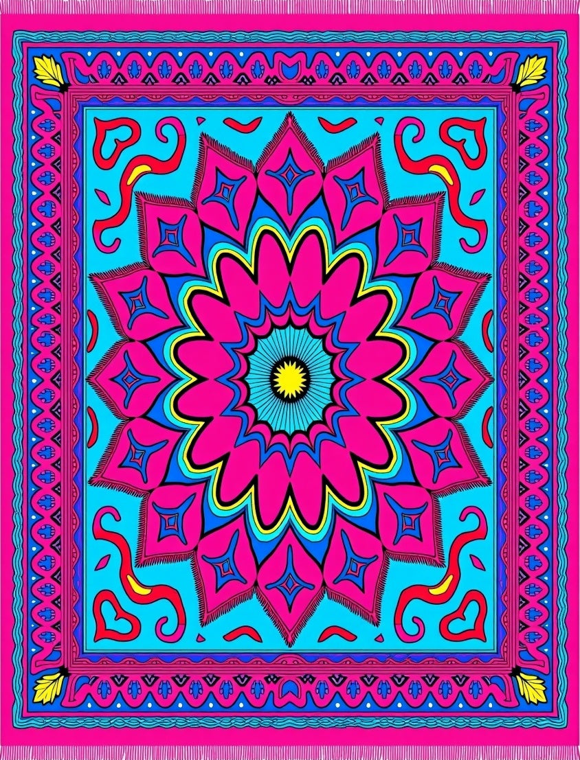 Vibrant Pink Blue Sunburst Mandala Rug