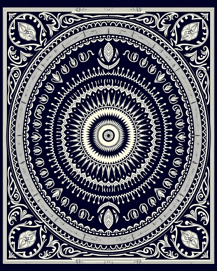 Deep Blue Cream Nested Mandala Rug