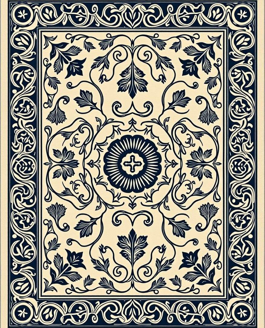 Vintage Navy Floral Bordered Rug