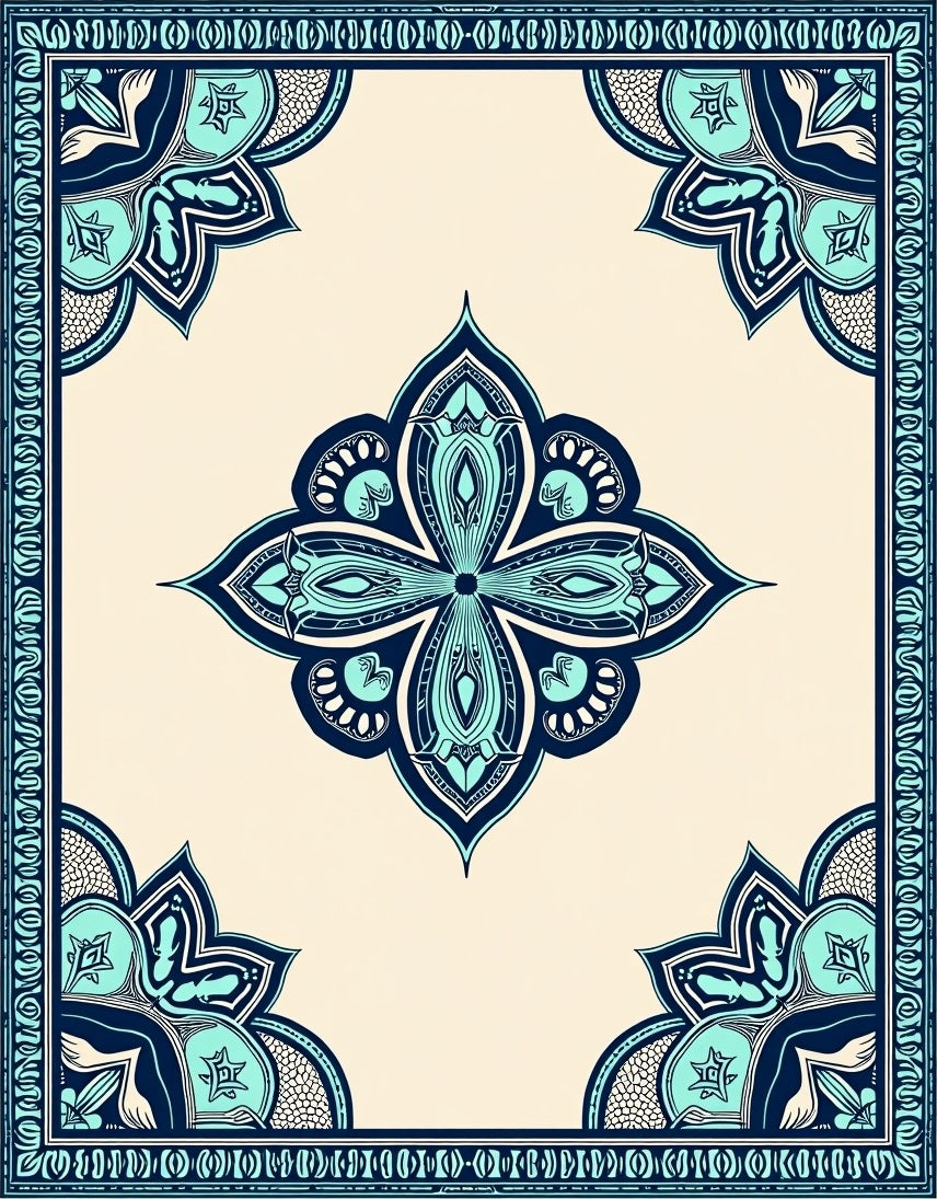 Teal Navy Floral Medallion Border Rug