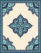 Teal Navy Floral Medallion Border Rug