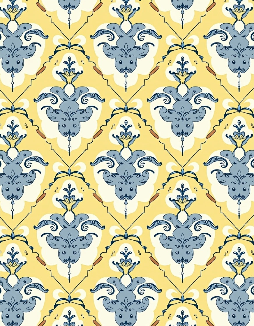 Yellow and Blue Damask Scroll Rug