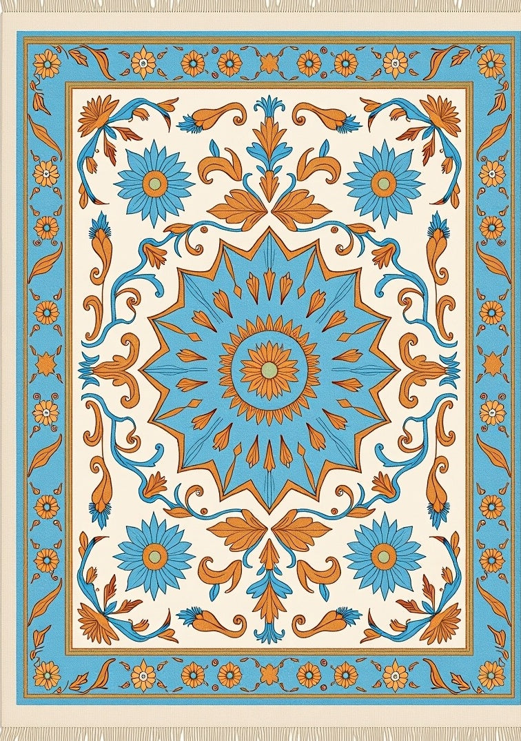 Aqua Orange Floral Star Medallion Rug
