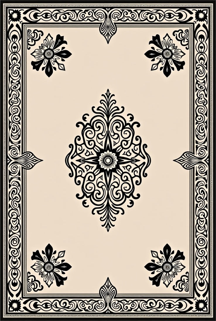 Elegant Black and Cream Damask Rug