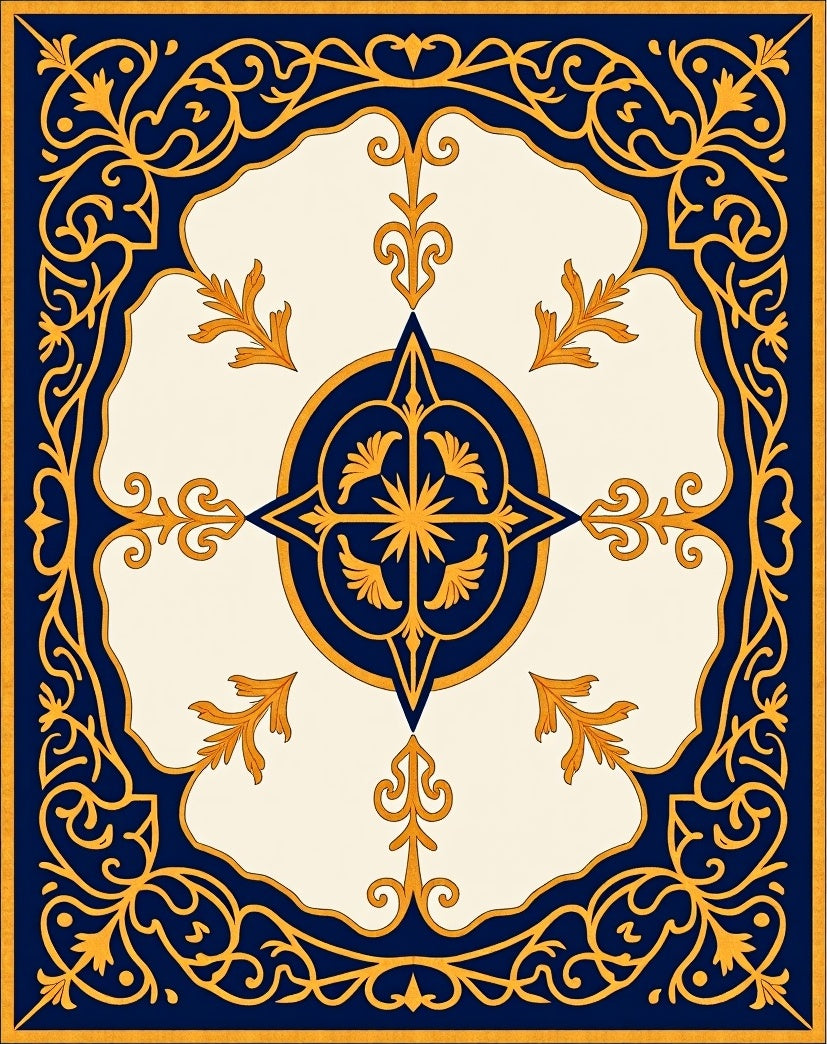 Gold Blue Ornate Medallion Center Rug