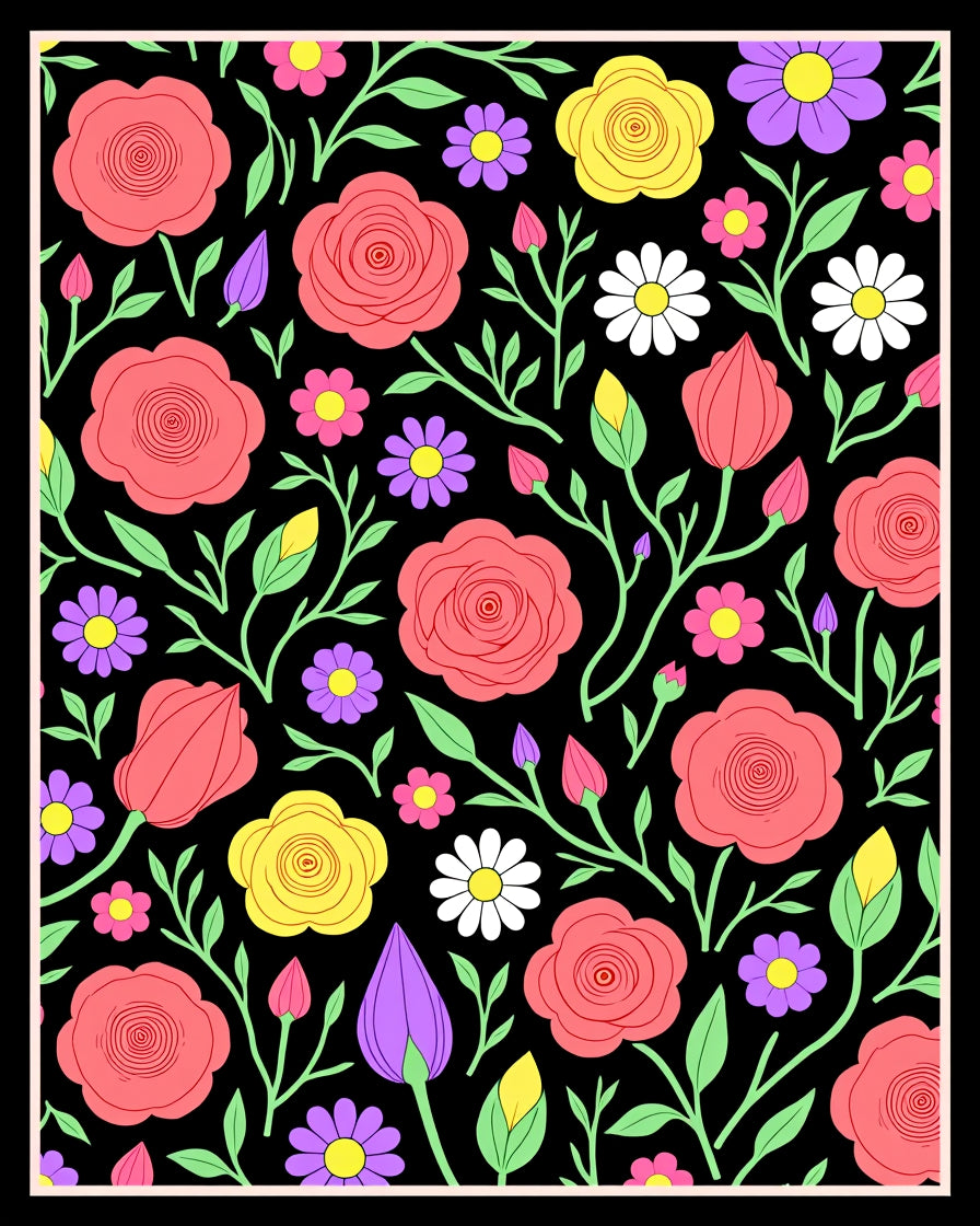 Whimsical Pink Rose Garden Illustration Rug