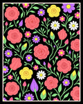 Whimsical Pink Rose Garden Illustration Rug