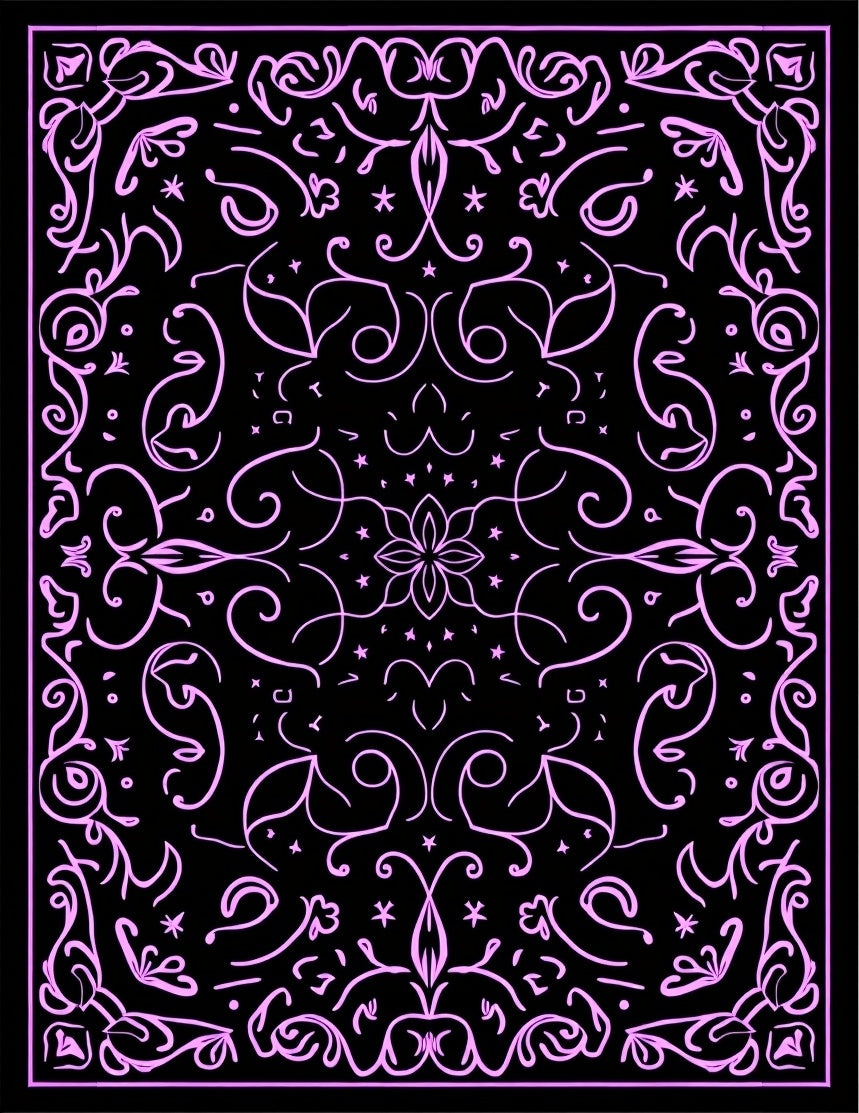 Pink Floral Scrollwork Black Rug