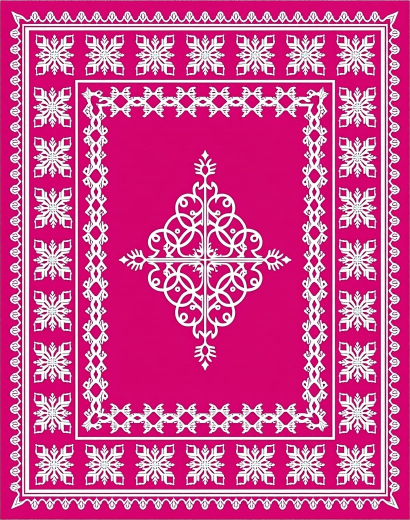 Bright Pink White Snowflake Medallion Border Rug