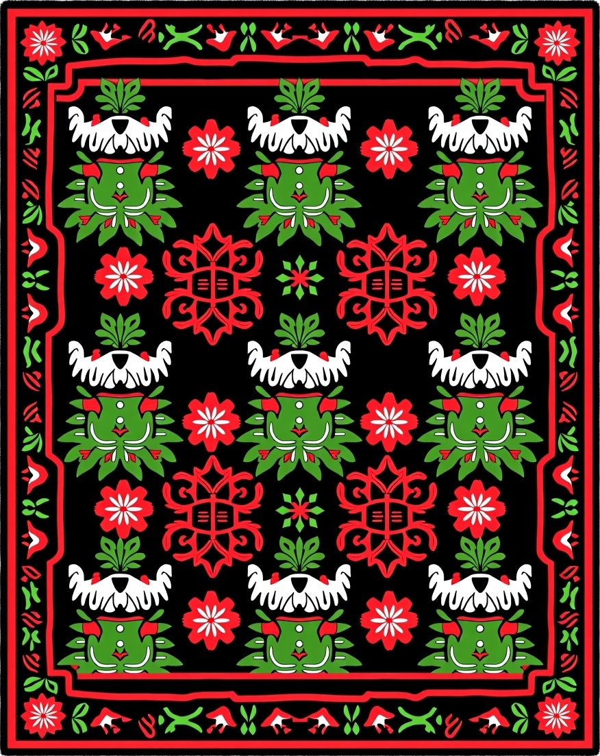 Bold Red Green Floral Border Rug