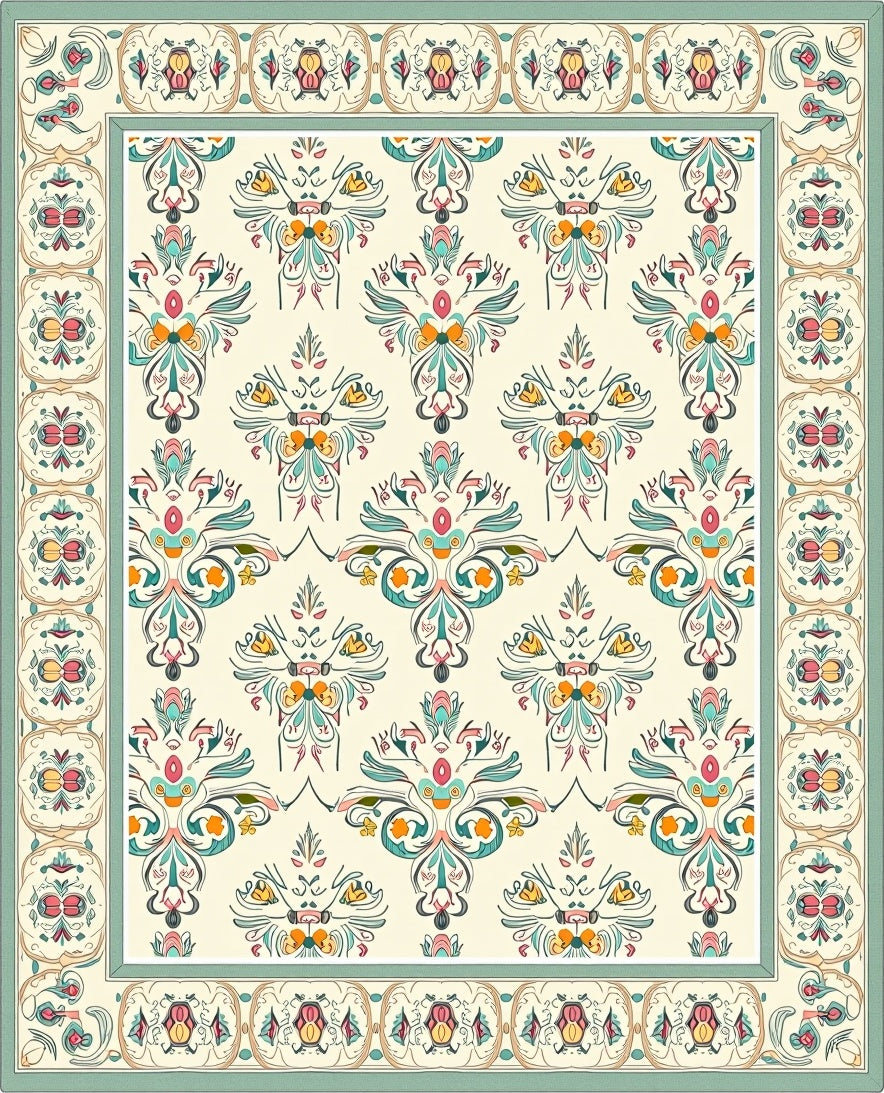 Cream Teal Floral Cameo Rug