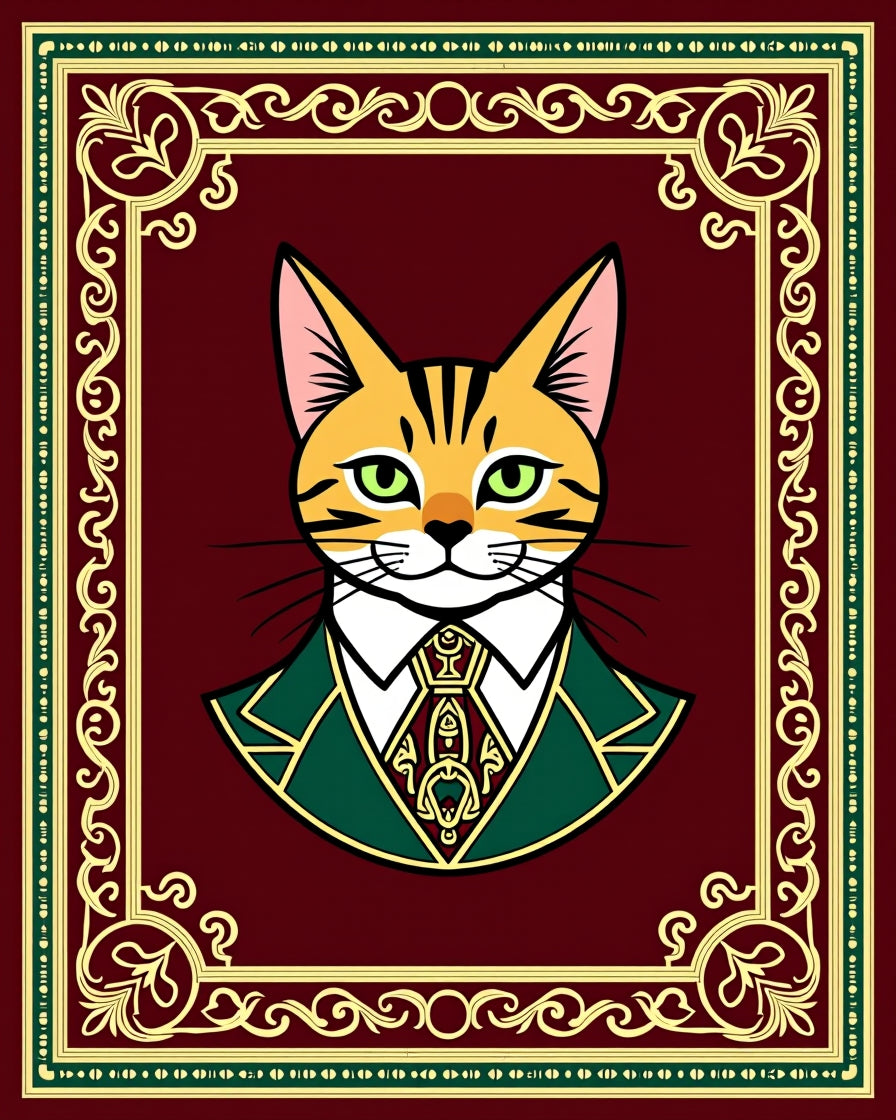 Dapper Cat Portrait Ornate Crimson Rug