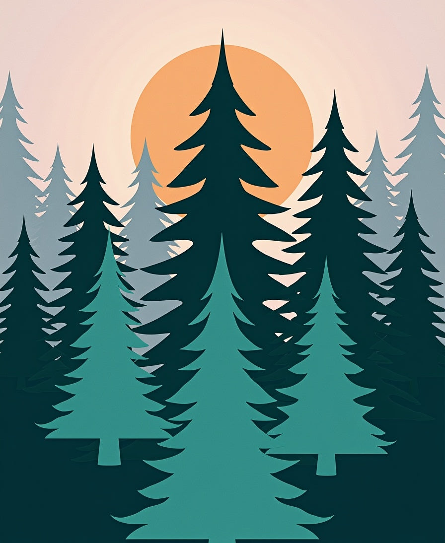 Deep Forest Sunrise Teal Trees Rug