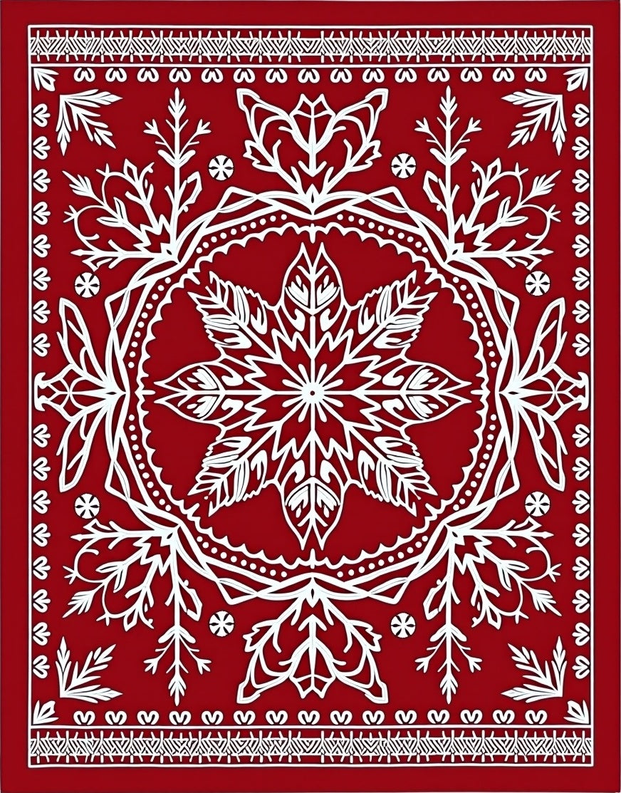 Crimson White Snowflake Mandala Rug