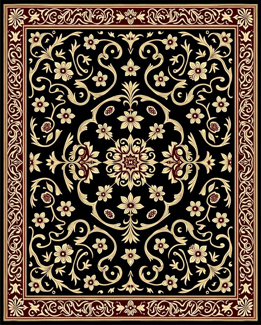 Black and Gold Floral Scroll Rug