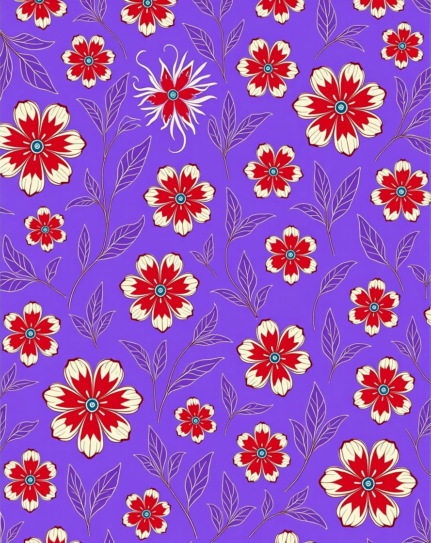 Red Cream Floral Vines Lavender Background Rug