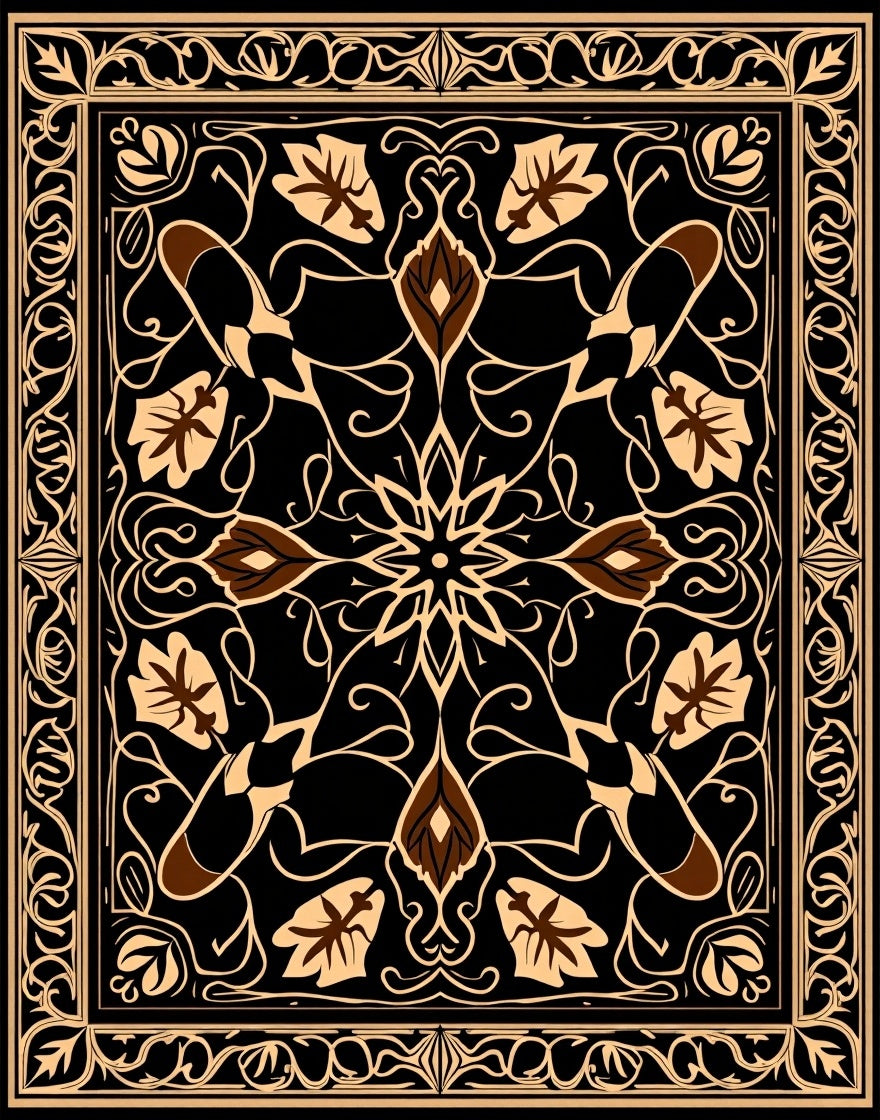 Black and Tan Floral Scroll Emblem Rug