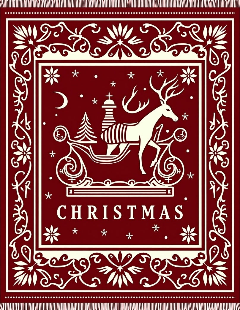 Crimson Reindeer Sleigh Christmas Scene Rug