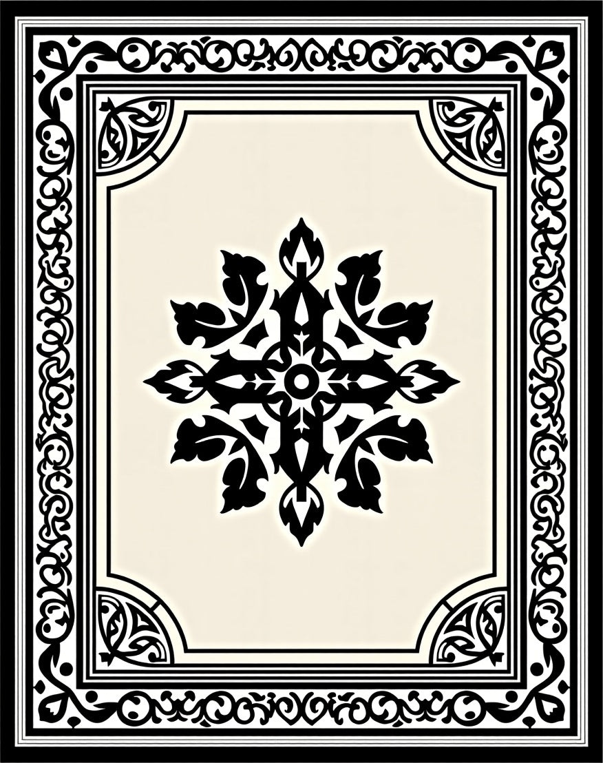 Black Cream Ornate Floral Central Medallion Rug