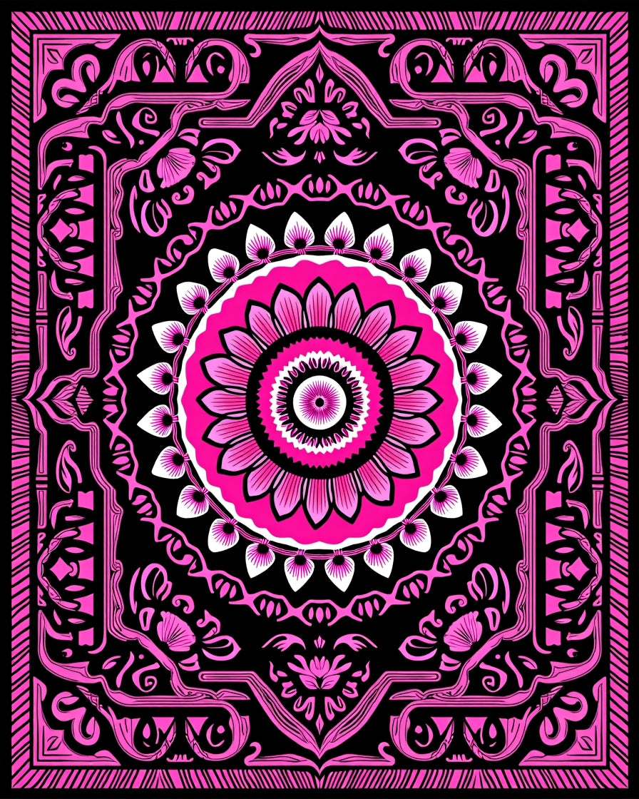 Vibrant Pink Floral Mandala Black Rug