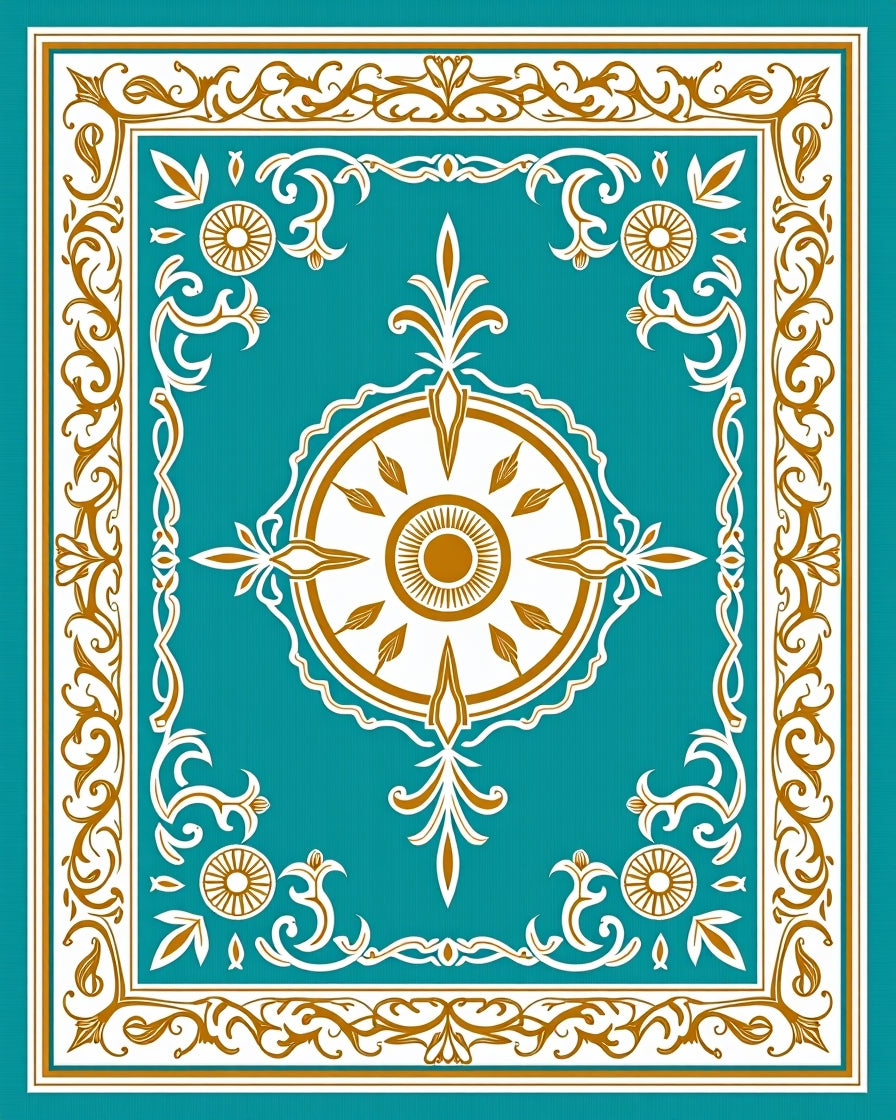 Ornate Teal and Gold Sunburst Medallion Rug