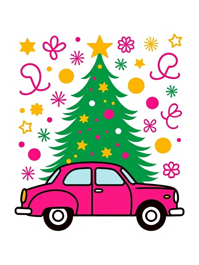 Pink Car Christmas Tree Medley Rug
