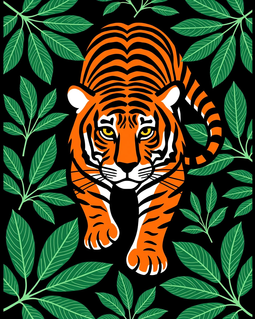 Bold Tiger Among Green Jungle Leaves Rug